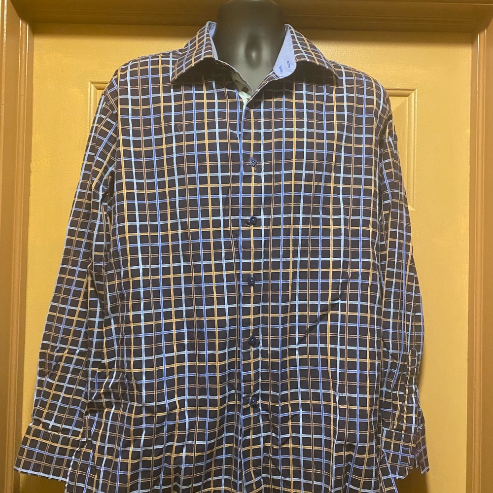 Mens Visconti blue/ beige plaid button down casual shirt sz XL